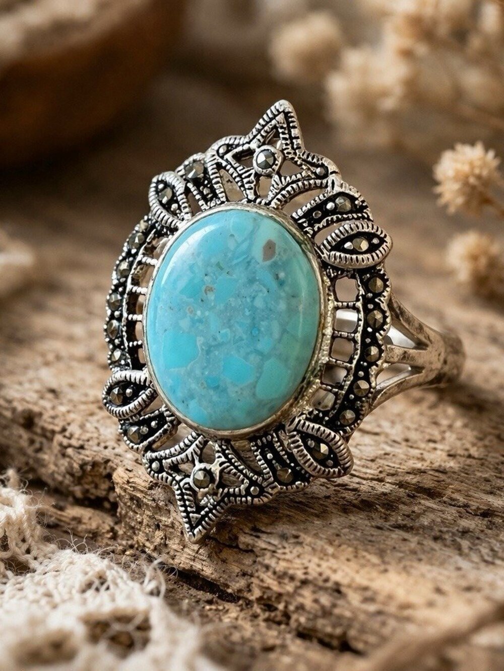 Vintage Boho Cocktail Statement Ring Silver Tone Marcasite Blue Stone Sz 7 3/4